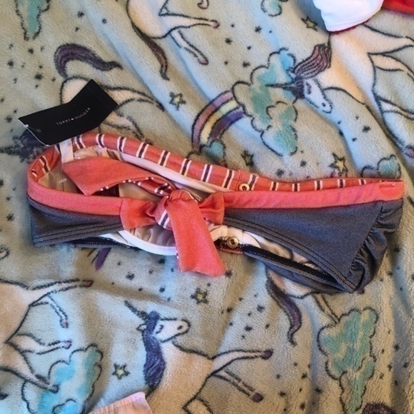 TOMMY HILFIGER Bandeau Bra Underwire Navy Blue Coral Orange Strapless Bikini TOP - Picture 5 of 5